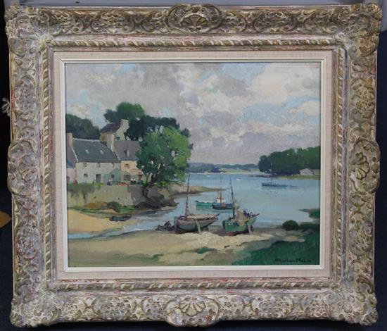 § Georges Charles Robin (French, 1903-2003) Estuary scene with fishing village, 13 x 16in.